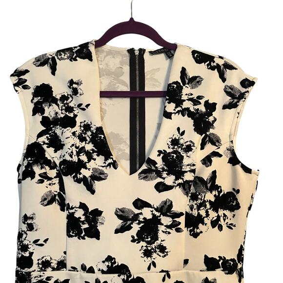 Fifth & Park Career Dress Sz 12 Black & White Velvet Flowers V-neck Sleeveless - Picture 11 of 11